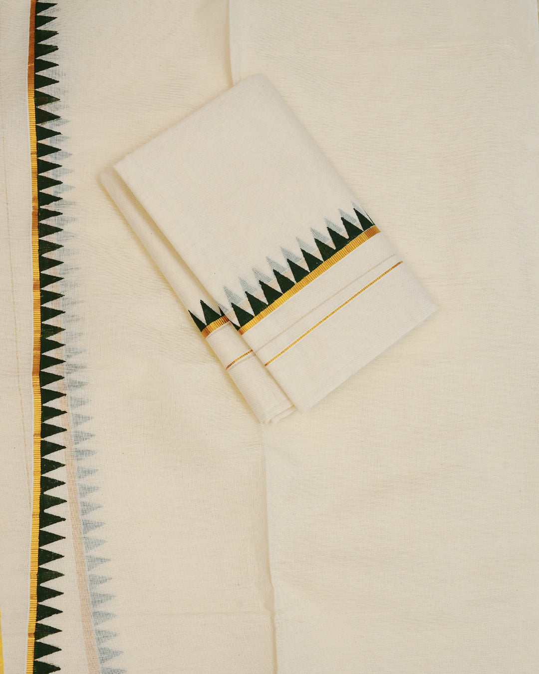 Cream colour cotton set mundu Featuring Plain body with Gold zari with Green temple print kara