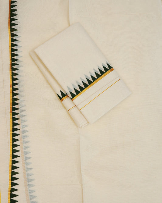 Cream colour cotton set mundu Featuring Plain body with Gold zari with Green temple print kara