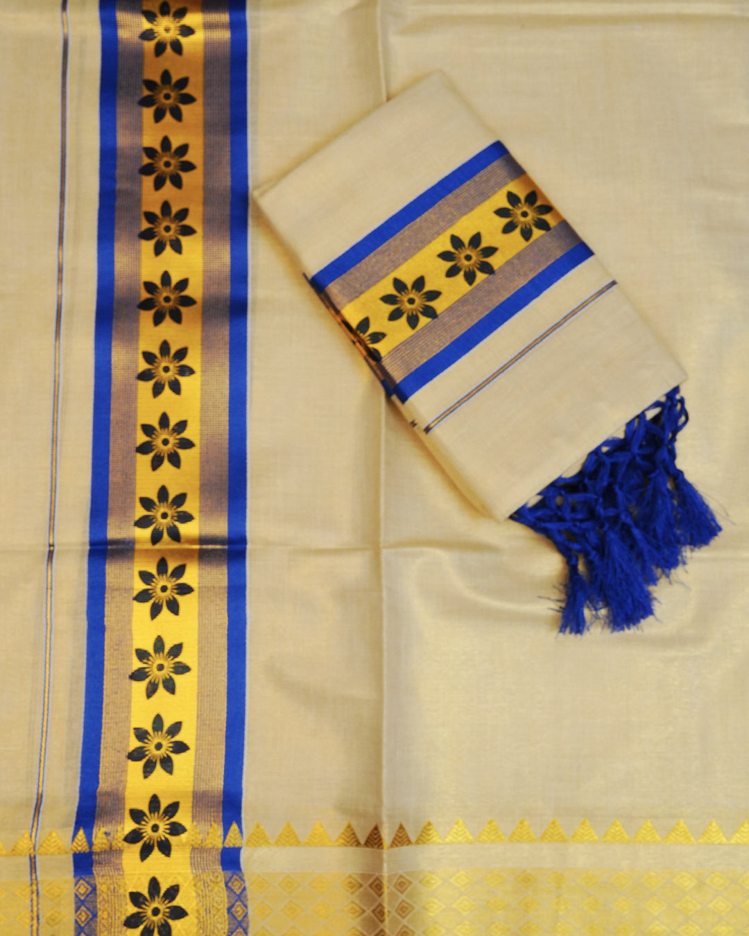 Cream colour Tissue silk set mund Featuring Elegant plain body, Complemented by Blue Floral print with Gold & blue zari border.