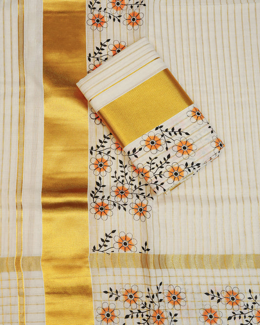 Cream colour Cotton set mundu features a Strip on body accented by a Gold with Orange Floral pattern on border.