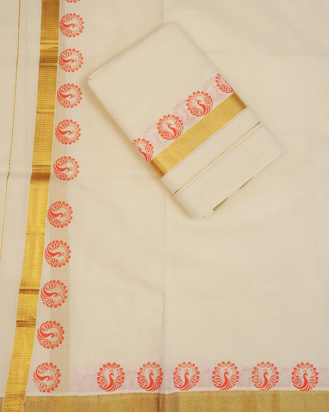 Cream colour cotton Set Mundu With Plain body, enhanced with gold Kasav With Red Peacock Printed kara.