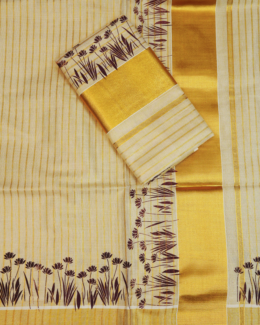 Cream colour Tissue silk set mund Featuring Elegant Gold zari Strips body, Complemented by Floral print with zari border.