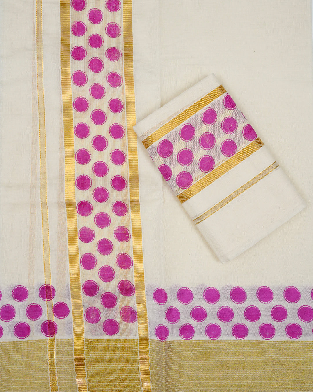 Cream colour cotton set mundu Features Plain body, Enhanced with Kasav kara with pink colour circle motifs.