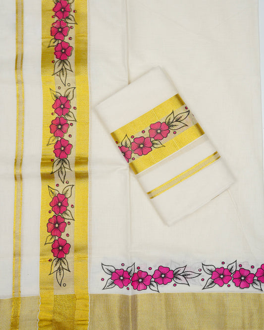 Cream colour cotton set mundu featuring plain body, complemented by Floral Print on gold zari Kara.