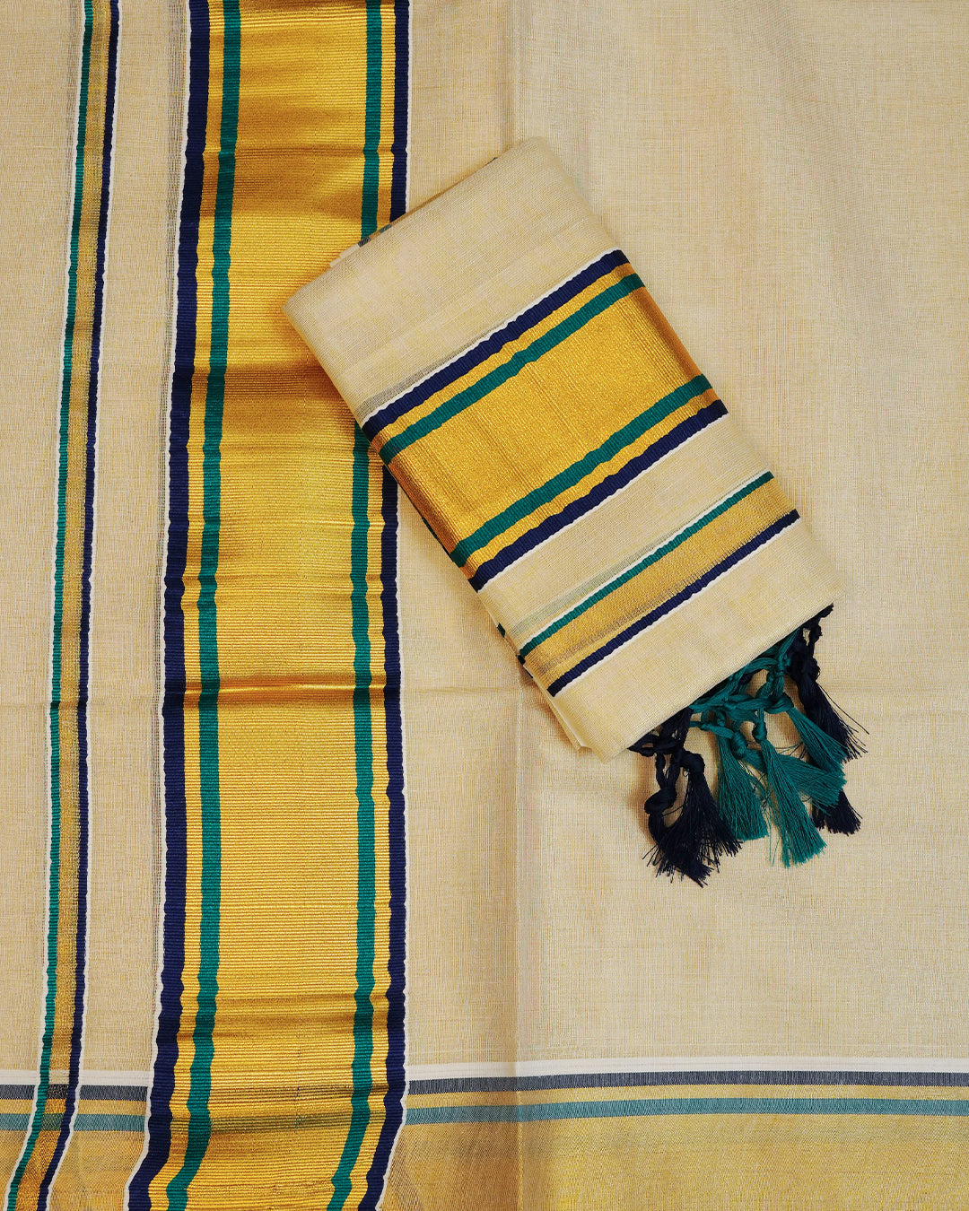 Cream colour Tissue silk set mund Featuring Elegant plain body, Complemented by Blue & Green with zari border.