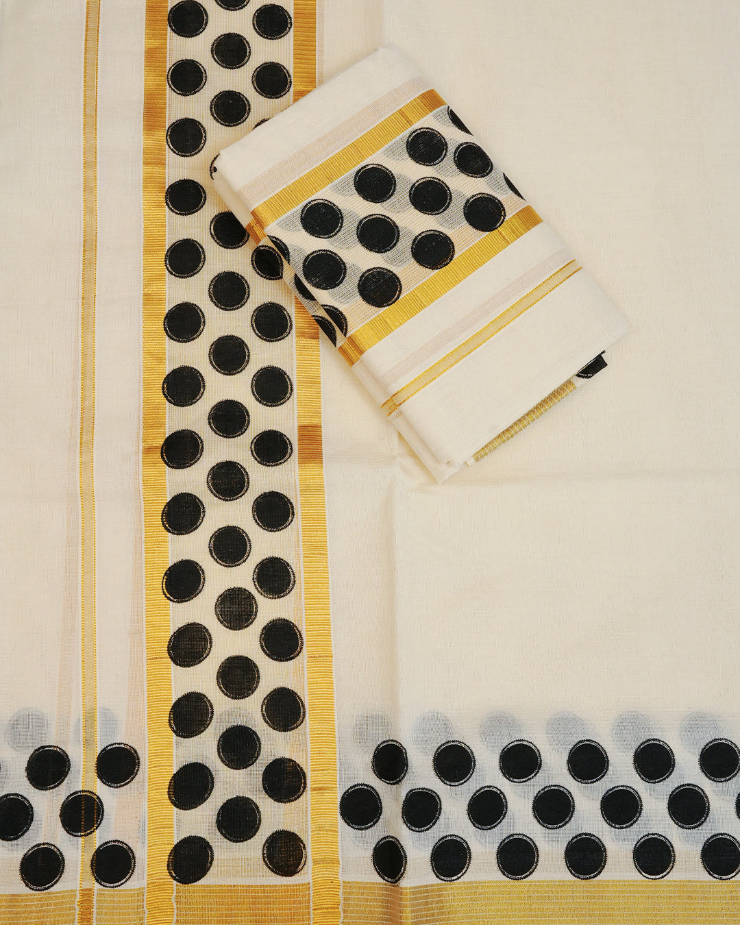 Cream colour cotton Set Mundu With Plain body, enhanced with gold Kasav With Black circle Printed kara.