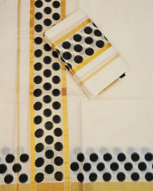 Cream colour cotton Set Mundu With Plain body, enhanced with gold Kasav With Black circle Printed kara.
