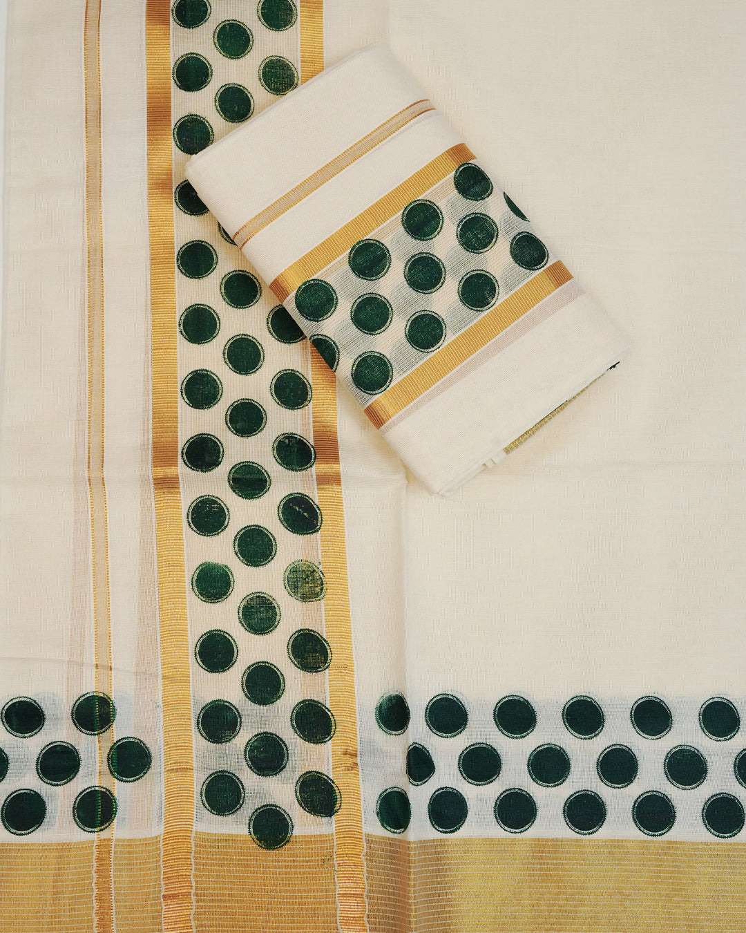 Cream colour cotton Set Mundu With Plain body, enhanced with gold Kasav With Green circle Printed kara.