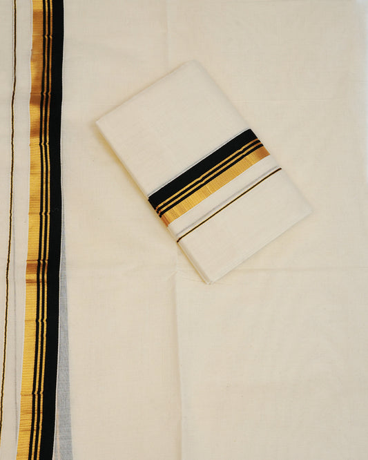 Cream colour cotton set mundu featuring Plain body with Gold & black kara.
