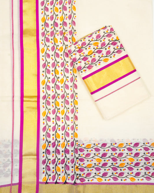 Cream colour Cotton set mundu features a Plain body accented by a Gold with Kodi pattern on border.