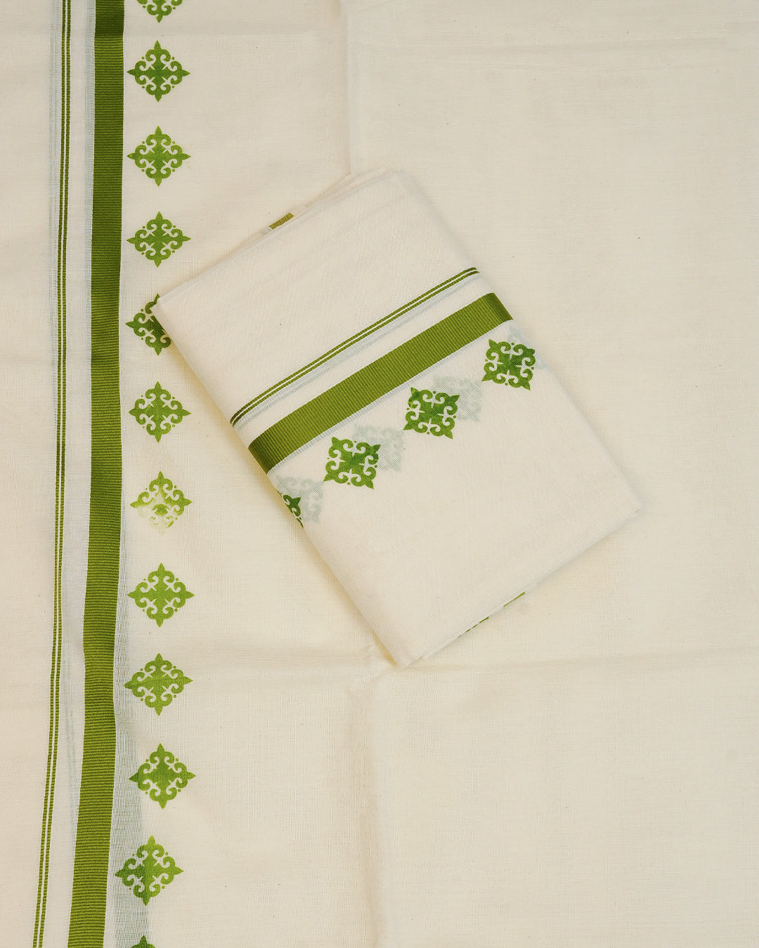 Cream colour cotton set mundu Featuring Elegant plain body, complemented by green colour kara.