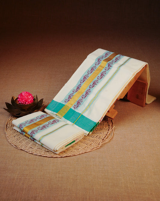Cream colour Cotton set mundu Featuring Plain body with Gold Zari ,green border with print.