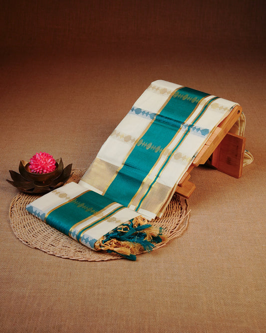 Cream colour cotton set mundu featuring Gold & Green Strips on body, featuring Classic Green & gold Kasav kara.