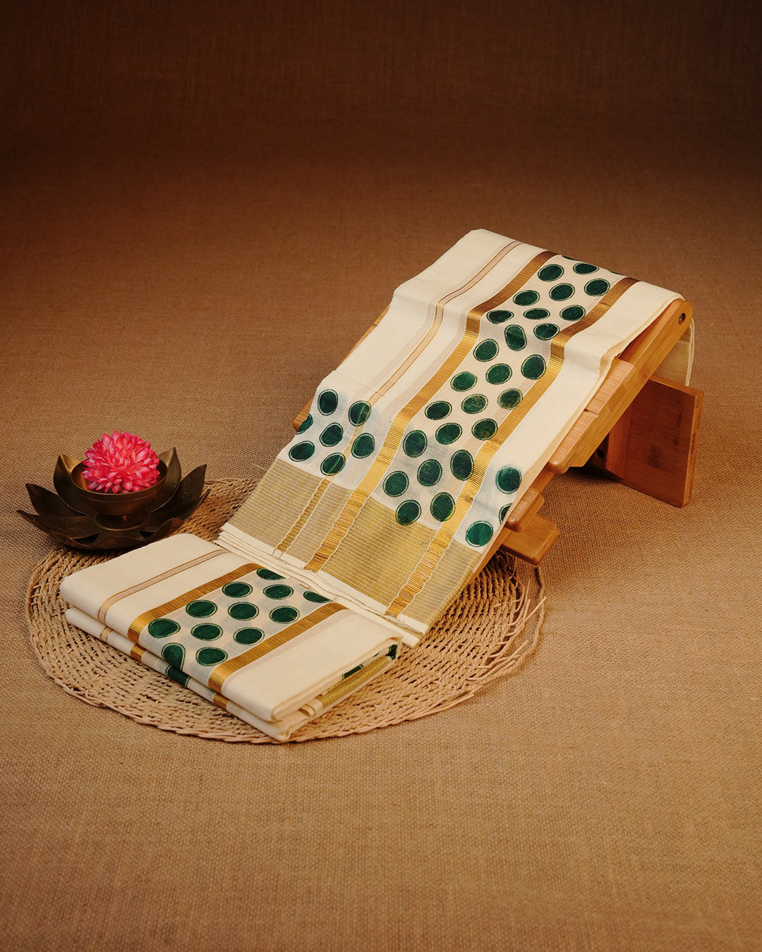 Cream colour cotton Set Mundu With Plain body, enhanced with gold Kasav With Green circle Printed kara.