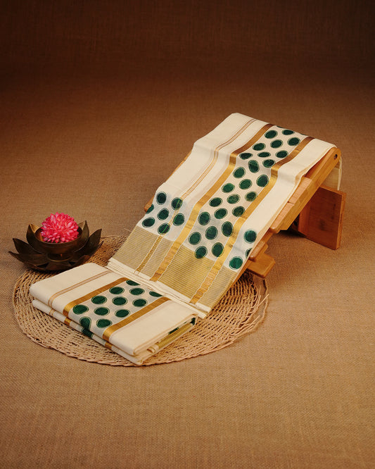 Cream colour cotton Set Mundu With Plain body, enhanced with gold Kasav With Green circle Printed kara.