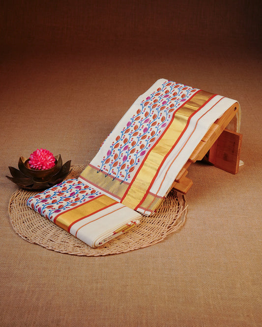 Cream colour cotton set mundu Featuring Plain, complemented by Multicolour kodi pattern With Gold & Brick colour border.