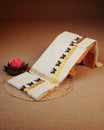 Cream colour cotton Set Mundu With Plain body, enhanced with gold Kasav With Black Butterfly Printed kara.