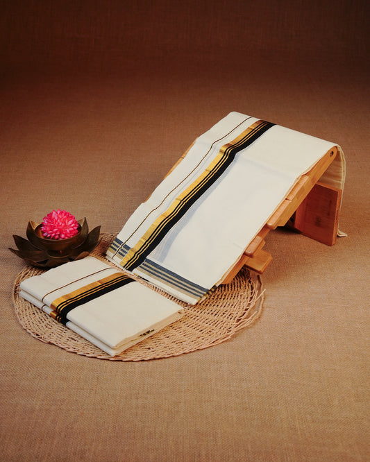 Cream colour cotton set mundu featuring Plain body with Gold & black kara.