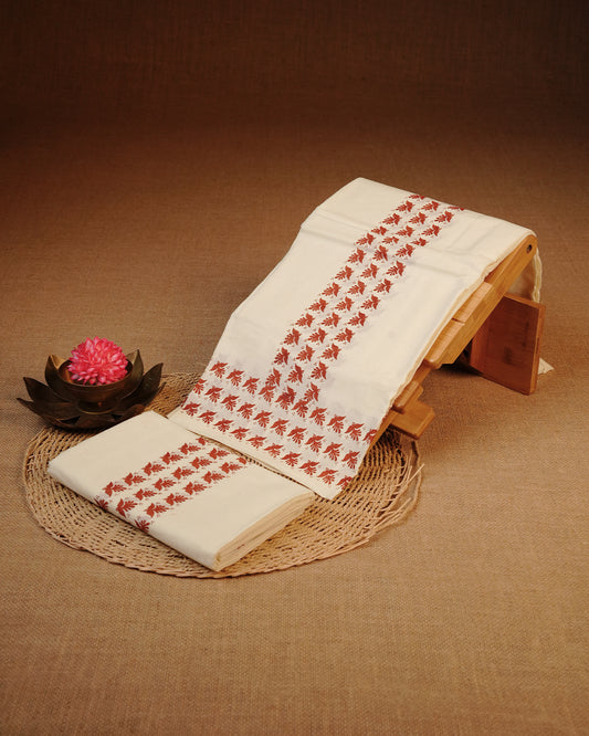 Cream colour cotton Set Mundu Features Plain body, Highlighting Brown colour bird Printed border.