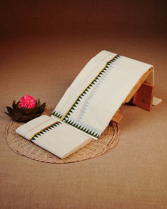 Cream colour cotton set mundu Featuring Plain body with Gold zari with Green temple print kara