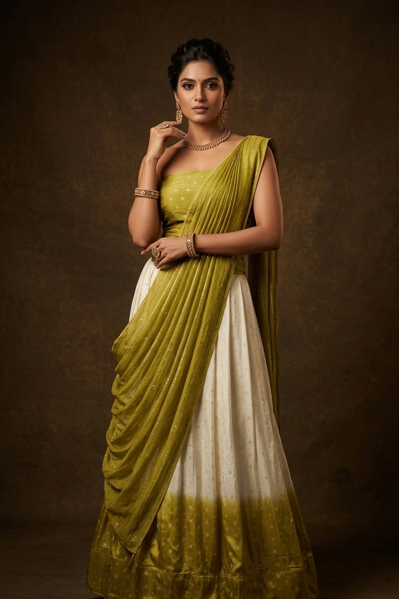 Off white semi banaras semi stitched dhavani set featuring gold zari motifs and contrast Olive colour border, unstitched gold zari blouse piece and matching Duptta with gold zari stripes.