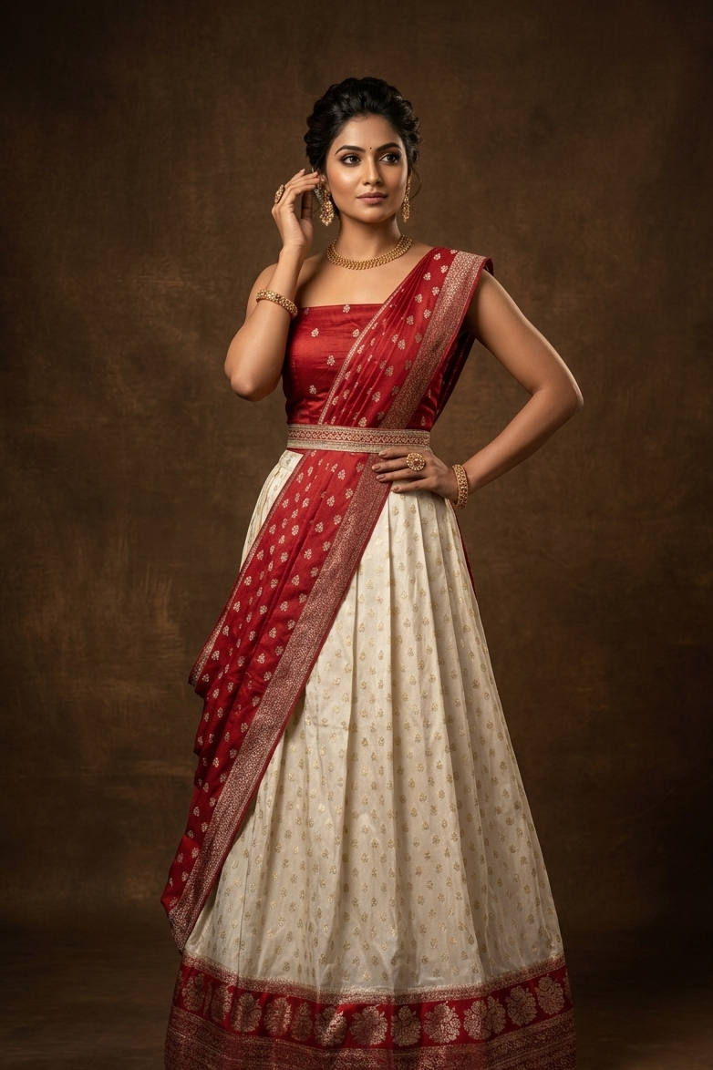 Off white semi banaras semi stitched dhavani set featuring gold zari motifs and contrast red colour and traditional border, unstitched gold zari blouse piece and matching Duptta.