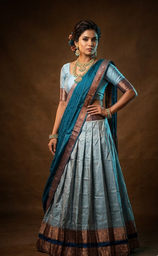 Aqua colour semi stitched Half saree featuring contrast Dark teal colour with antique zari traditional border skirt, paired with matching zari border dupatta, unstitched blouse piece