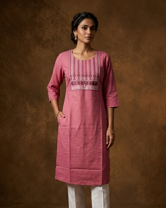 Burgundy rose colour kurti with styled with a thread pattern around neckline, knee length design, and a sleeve