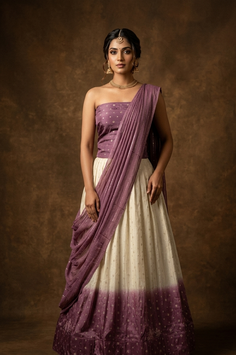 Off white semi banaras semi stitched dhavani set featuring gold zari motifs and contrast Purple colour border, unstitched gold zari blouse piece and matching Duptta with gold zari stripes.