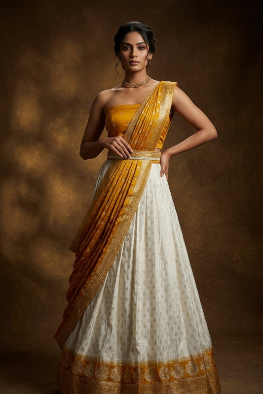 Off white semi banaras semi stitched dhavani set featuring gold zari motifs and contrast Yellow colour and traditional border, unstitched gold zari blouse piece and matching Duptta.