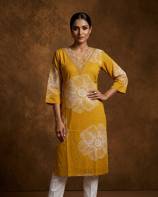 Yellow colour kurti with styled with a thread & beats pattern around neckline & white pattern across body, knee length design, and a sleeve .