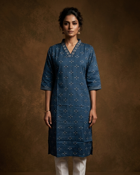 Dark green colour kurti with styled with a thread pattern around neckline, print on body knee length design, and a sleeve .
