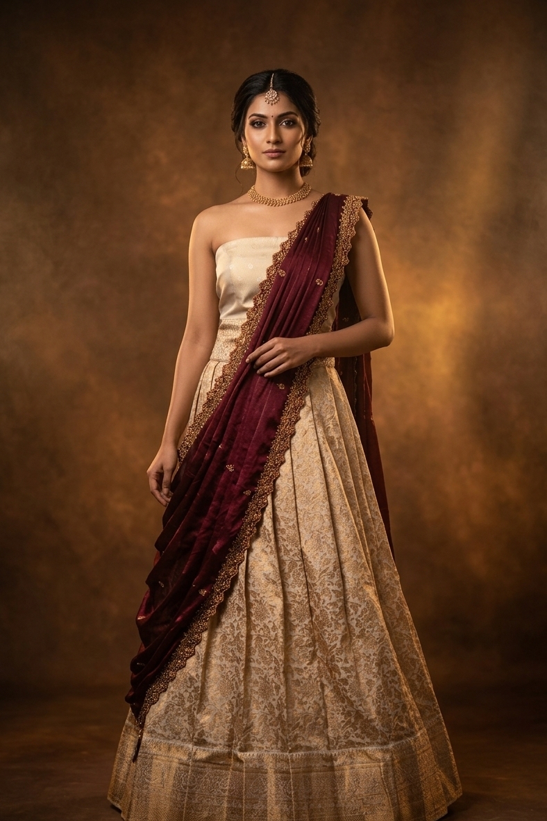 Light gold colour semi banaras semi stitched dhavani set featuring gold zari floral kodi motifs and traditional border, unstitched matching blouse piece and contrast Maroon colour Duptta with gold thread and beats worked border.
