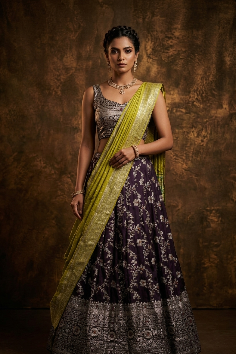 Deep purple colour semi banaras semi stitched dhavani set featuring gold zari floral kodi motifs and traditional border, unstitched matching blouse piece and contrast Olive colour Duptta with gold zari border.