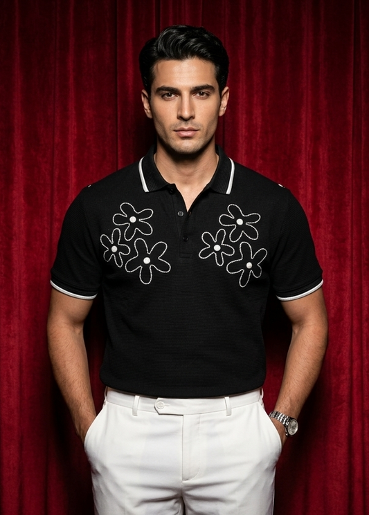Black colour T shirt featuring white thread pattern on body, collar design neck, Half sleeve.