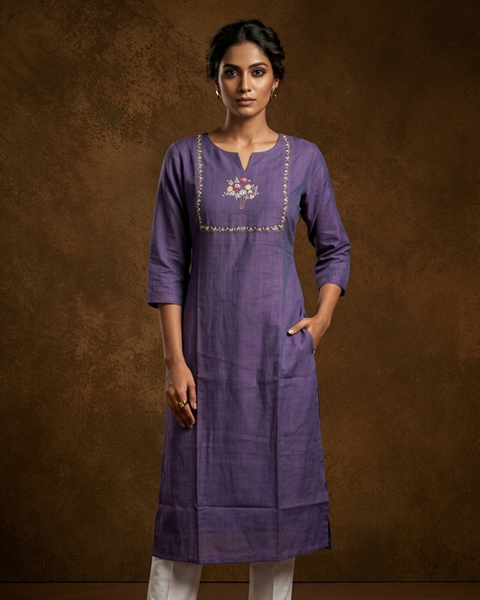 Dark Lavender colour kurti with styled with a thread & cut beats pattern around neckline, print on body knee length design, and a sleeve .