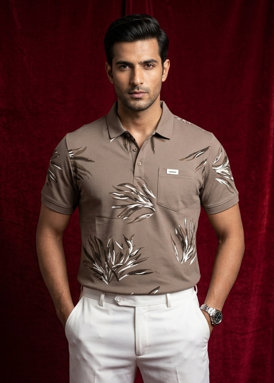 Light brown colour t shirt featuring collar design neck, Print on body, Half sleeve.