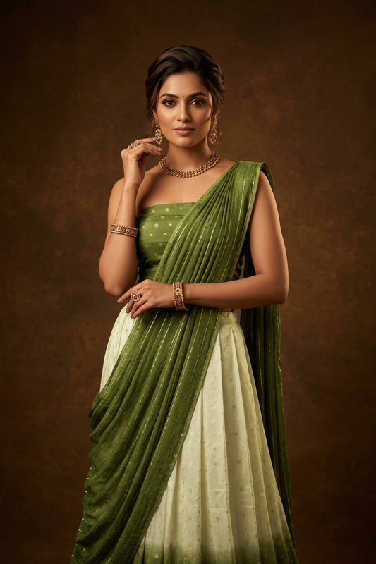 Off white semi banaras semi stitched dhavani set featuring gold zari motifs and contrast green colour border, unstitched gold zari blouse piece and matching Duptta with gold zari stripes.
