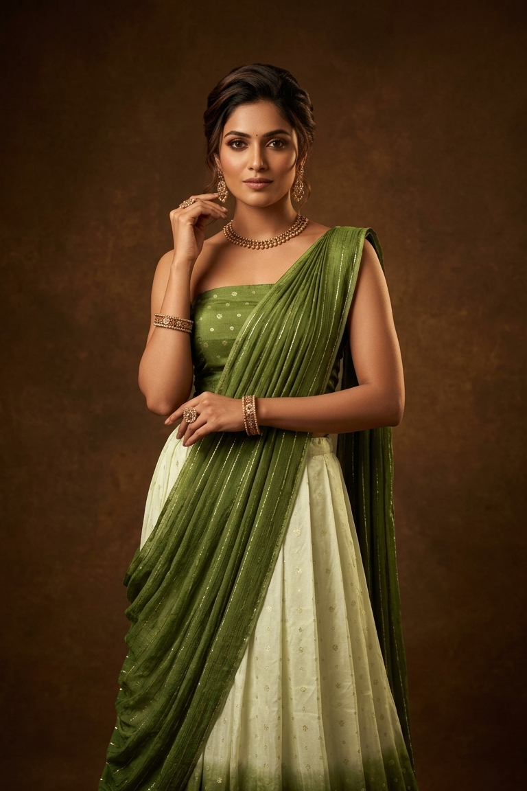 Off white semi banaras semi stitched dhavani set featuring gold zari motifs and contrast green colour border, unstitched gold zari blouse piece and matching Duptta with gold zari stripes.