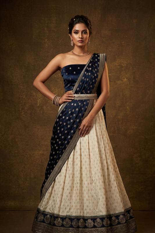 Off white semi banaras semi stitched dhavani set featuring gold zari motifs and contrast Teal colour and traditional border, unstitched gold zari blouse piece and matching Duptta.