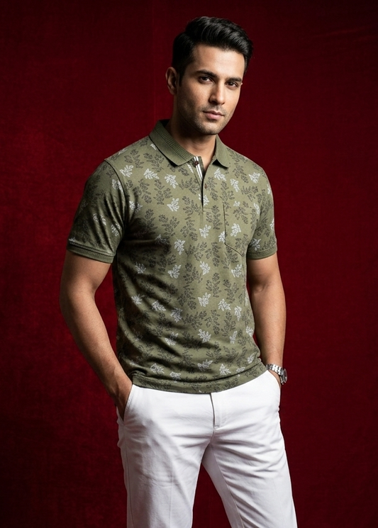 Olive green colour T shirt featuring collar design neck, floral print on body, half sleeve.