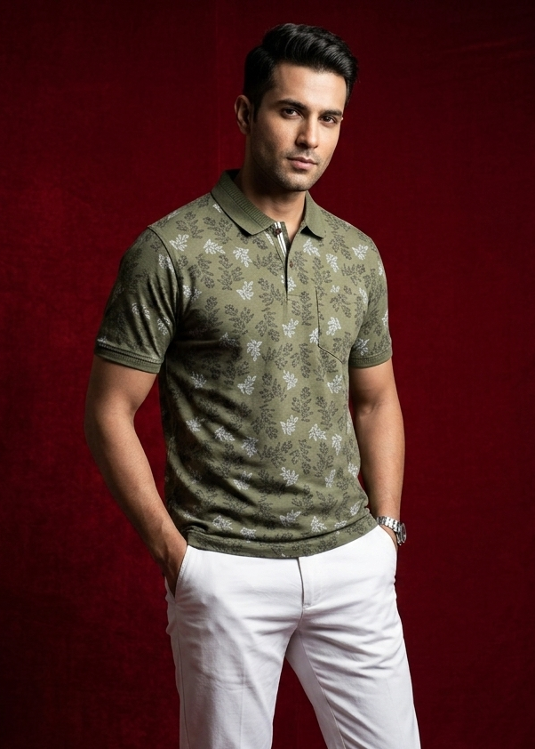 Olive green colour T shirt featuring collar design neck, floral print on body, half sleeve.