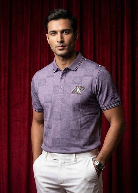 Purple colour t shirt featuring collar design neck, Print on body, Half sleeve.