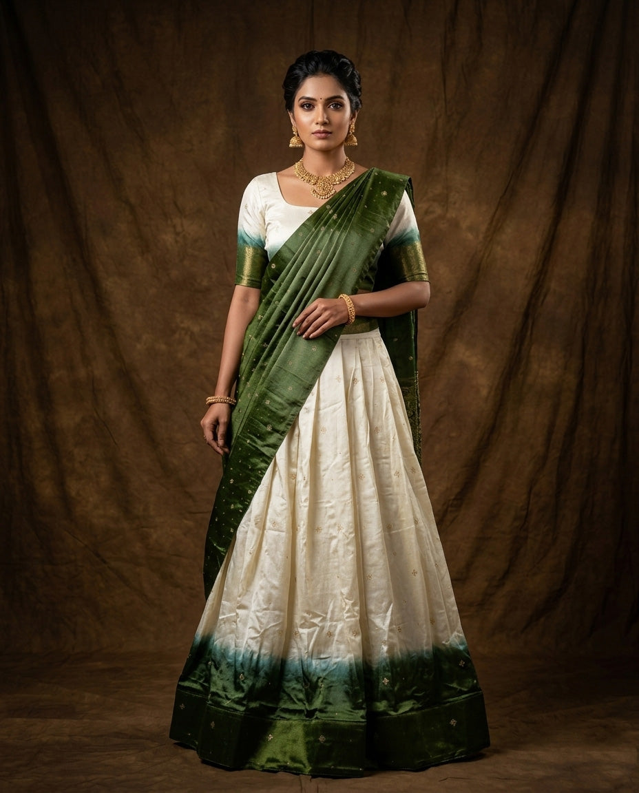 Off White colour half saree material featuring delicate zari buttas on the blouse and skirt, paired with a contrast Green zari border and matching small zari motifs dupatta