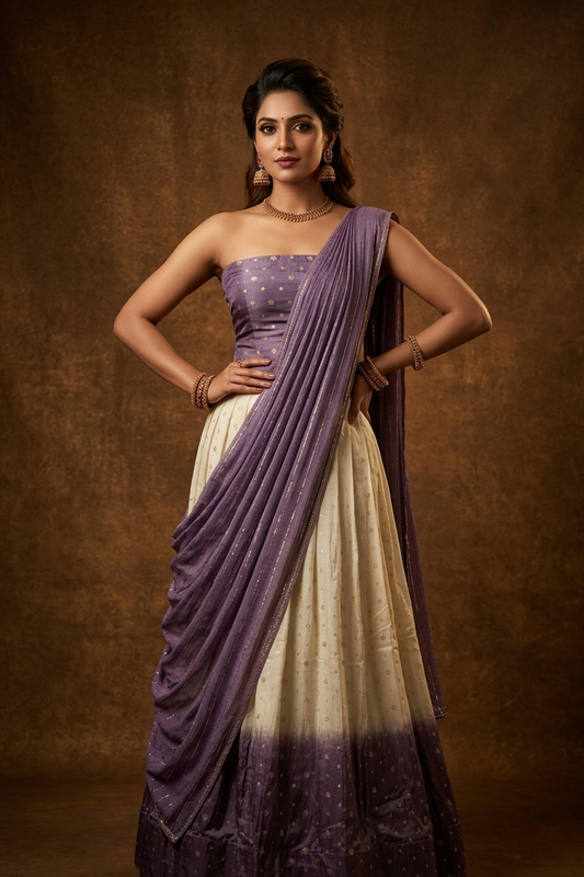 Off white semi banaras semi stitched dhavani set featuring gold zari motifs and contrast Lavender colour border, unstitched gold zari blouse piece and matching Duptta with gold zari stripes.