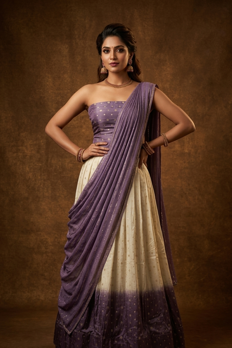 Off white semi banaras semi stitched dhavani set featuring gold zari motifs and contrast Lavender colour border, unstitched gold zari blouse piece and matching Duptta with gold zari stripes.