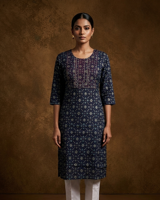 Dark blue  colour kurti with styled with a thread pattern around neckline, print on body knee length design, and a sleeve .
