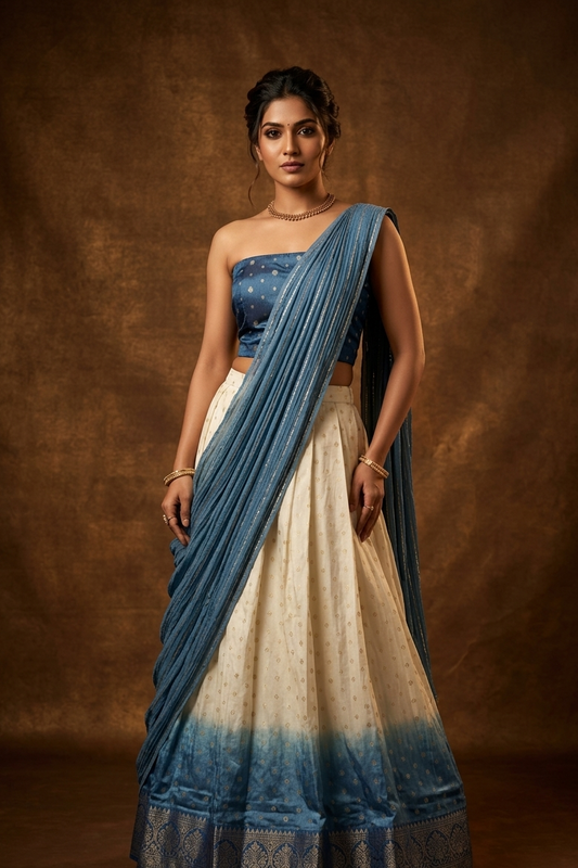 Off white semi banaras semi stitched dhavani set featuring gold zari motifs and contrast Bluecolour border, unstitched gold zari blouse piece and matching Duptta with gold zari stripes.