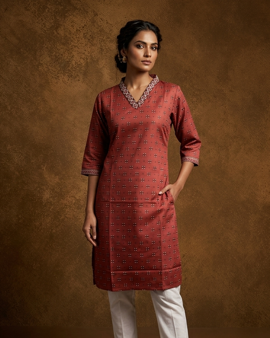 Brown colour kurti with styled with a thread pattern around neckline, print on body knee length design, and a sleeve .