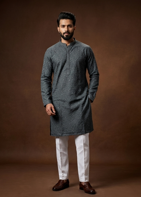 Grey colour self featuring self color thread & sequins on body, colour design neck, adored with full sleeve.
